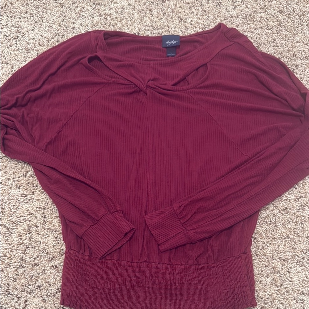 Daytrip Burgundy Long Sleeve Blouse with V-Neck and Relaxed Fit